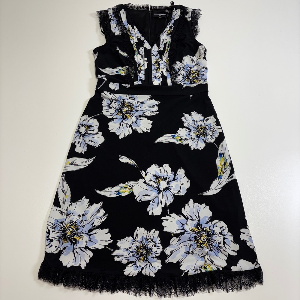Karl Lagerfeld Paris Floral Lace Fit & Flare Dress Black Blue Size 4